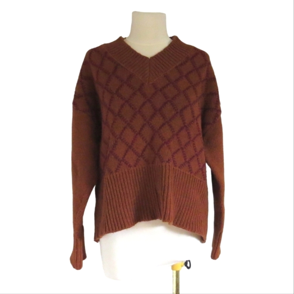Vintage v neck diamond pattern lattice sweater ribbed knit size medium brown